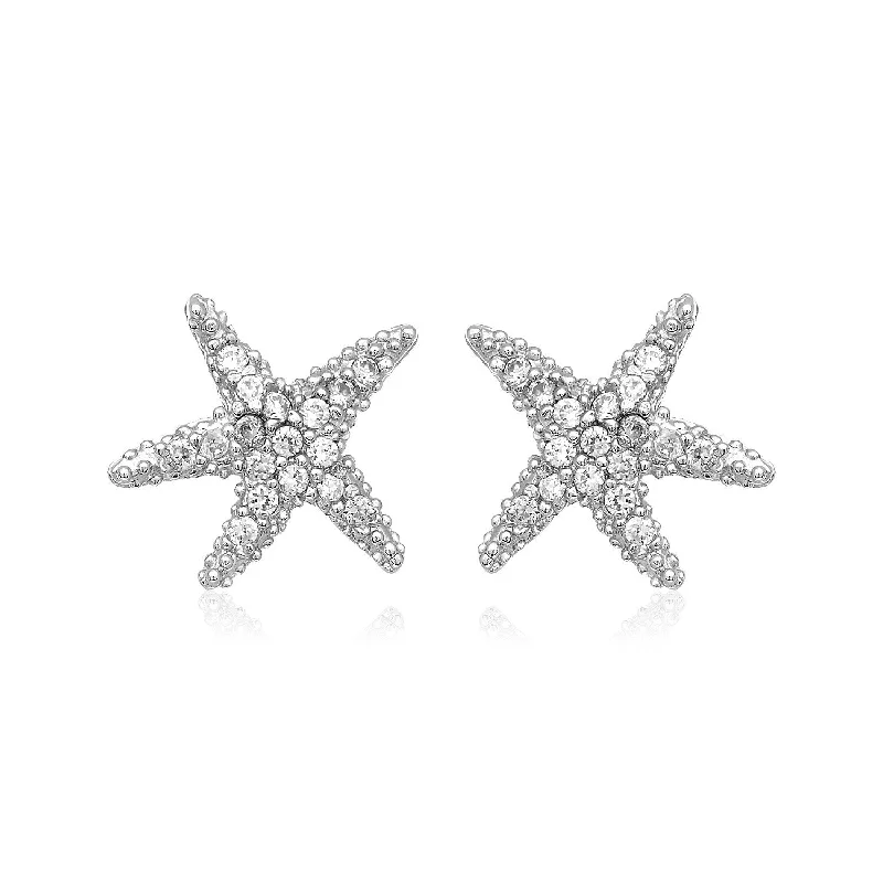 Silver Drop Earrings for Men -Sterling Silver Petite Starfish Earrings with Cubic Zirconias