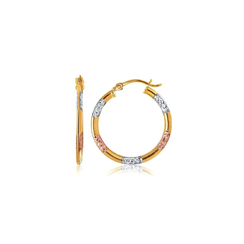 Short Drop Earrings for Subtle -10k Tri-Color Gold Classic Hoop Earrings with Diamond Cut Details