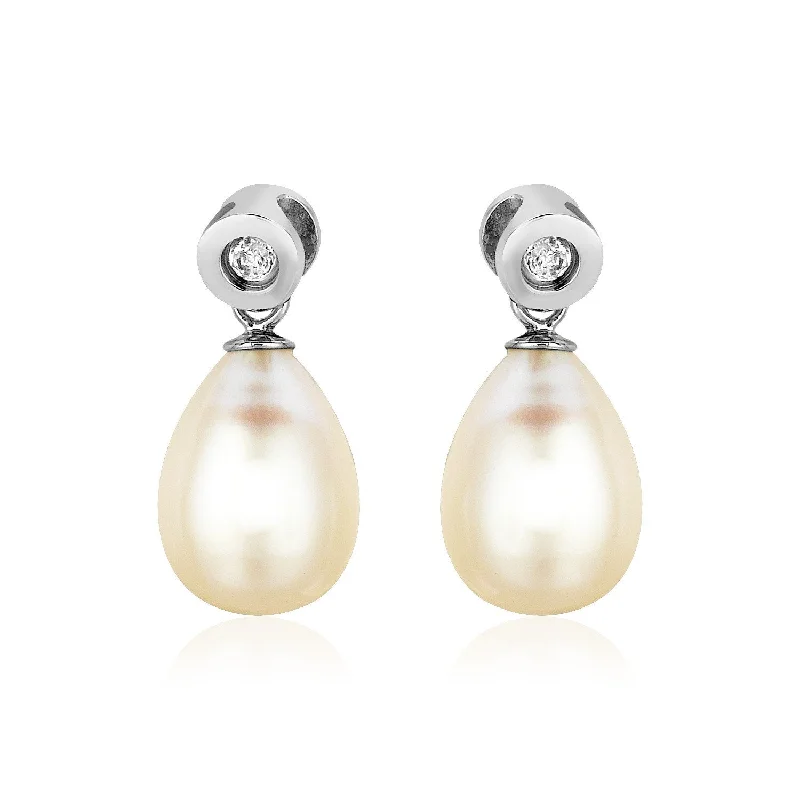 Oval Drop Earrings for Grace -Sterling Silver Earrings with Pear Shaped Freshwater Pearls and Cubic Zirconias