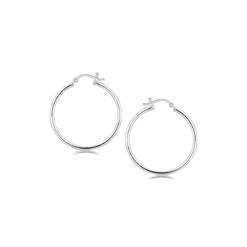 Retro Drop Earrings for Nostalgia -Sterling Silver Thin Polished Hoop Style Earrings with Rhodium Plating (30mm)