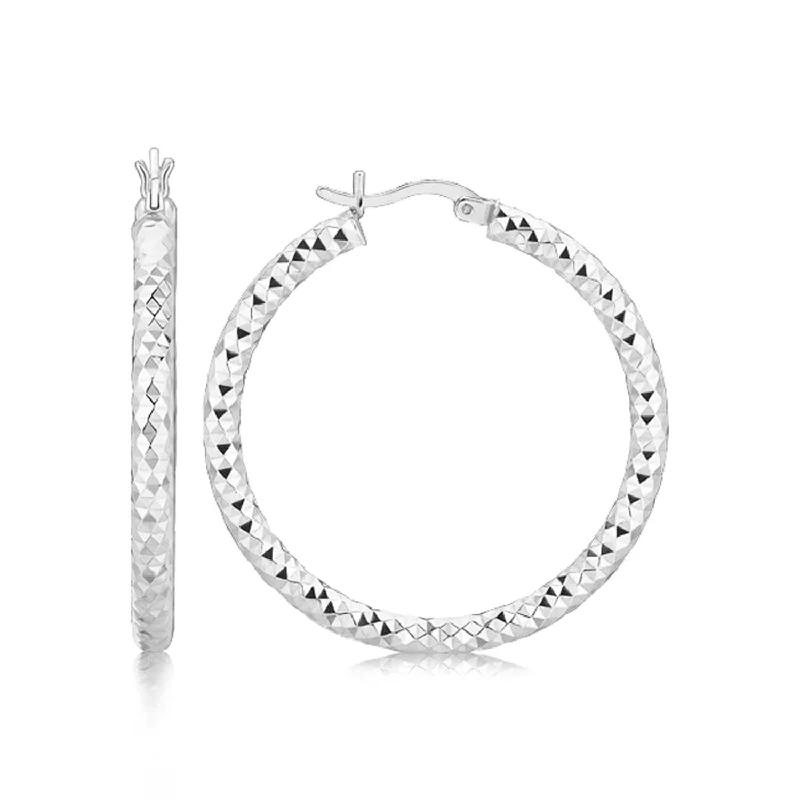 Contemporary Drop Earrings for Fashion -Sterling Silver Faceted Motif Large Hoop Earrings with Rhodium Plating