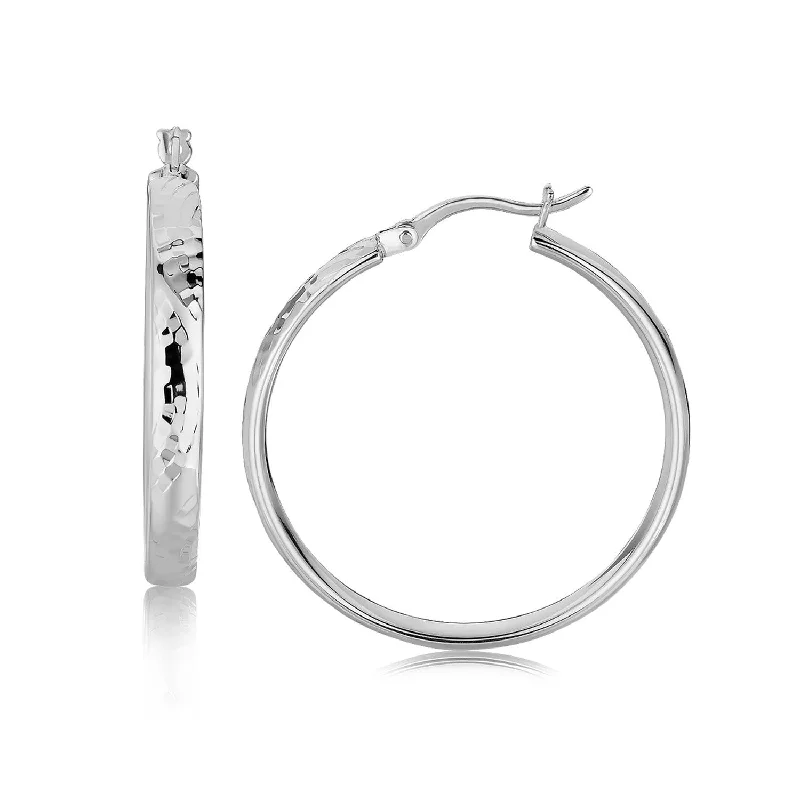 Magnetic Closure Drop Earrings for Easy -Sterling Silver Hammered Style Hoop Earrings with Rhodium Plating (30mm)