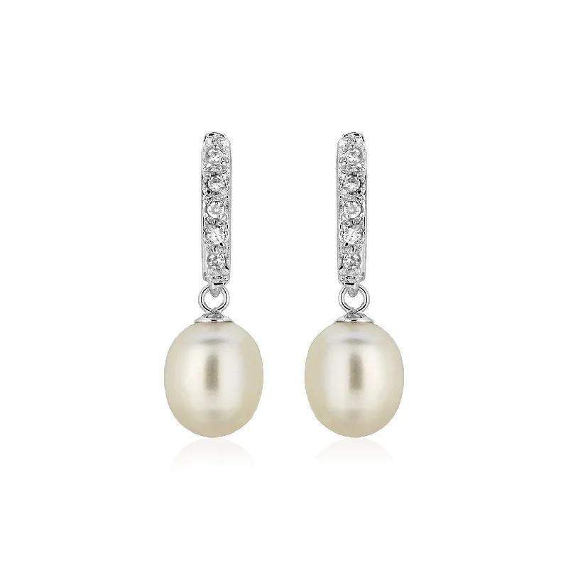 Screw Back Drop Earrings for Security -Sterling Silver Earrings with Freshwater Pearls and Cubic Zirconias