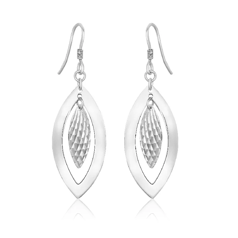 Leverback Drop Earrings for Comfort -Sterling Silver Dangling Earrings with Dual Open and Textured Marquis Shapes