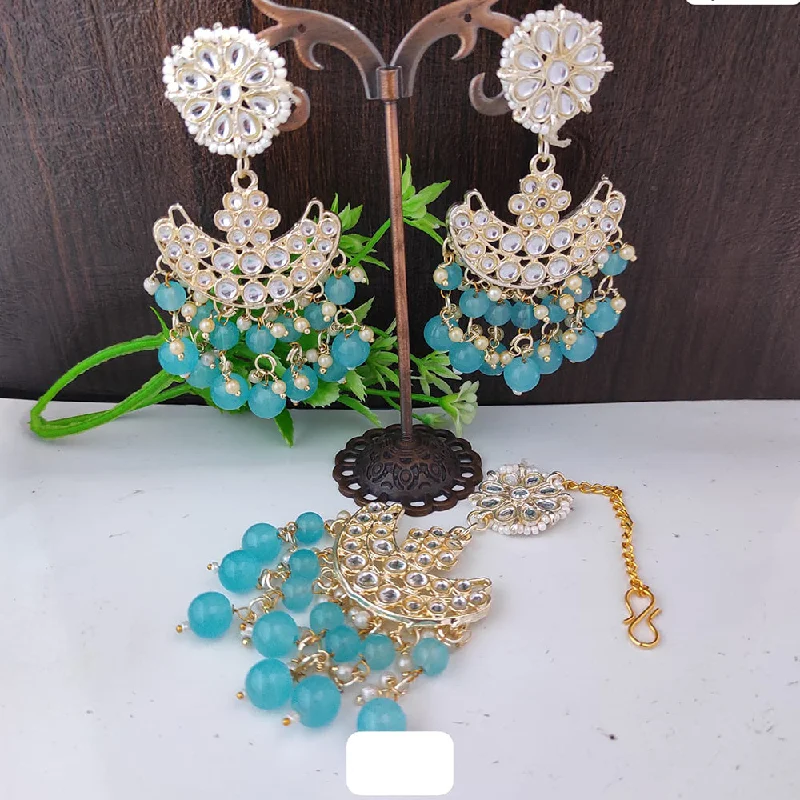 Drop Earrings with Hammered Finish -Raj Creations Gold Plated Kundan And Beads Earrings With Mangtikka