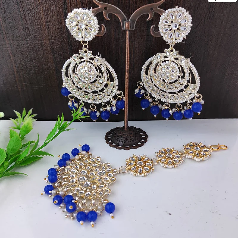 Drop Earrings with Etched Designs -Raj Creations Gold Plated Kundan And Beads Earrings With Mangtikka