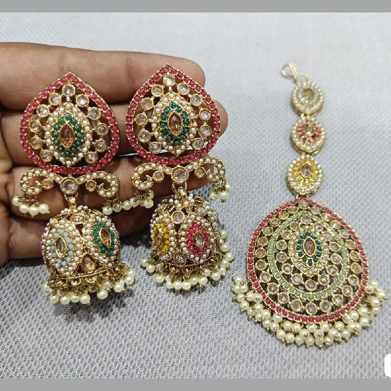 Drop Earrings for Evening Gown -Rani Sati Jewellers Gold Plated Crystal Stone And Pearls Earrings With Maangtikka