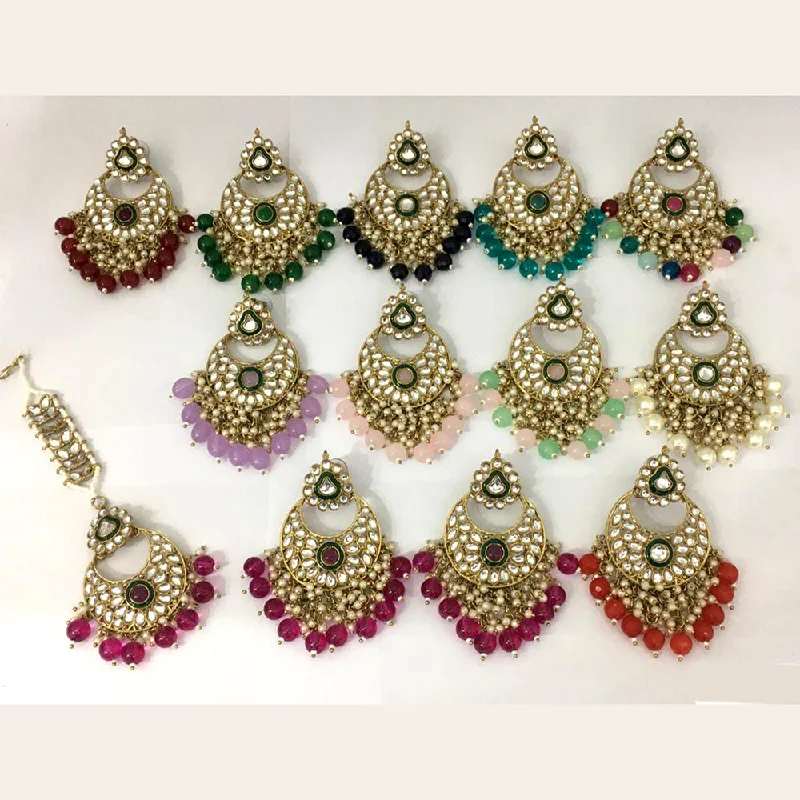 Drop Earrings with Abstract Designs -Rani Sati Jewels Gold Plated Kundan Maangtikka With Earrings