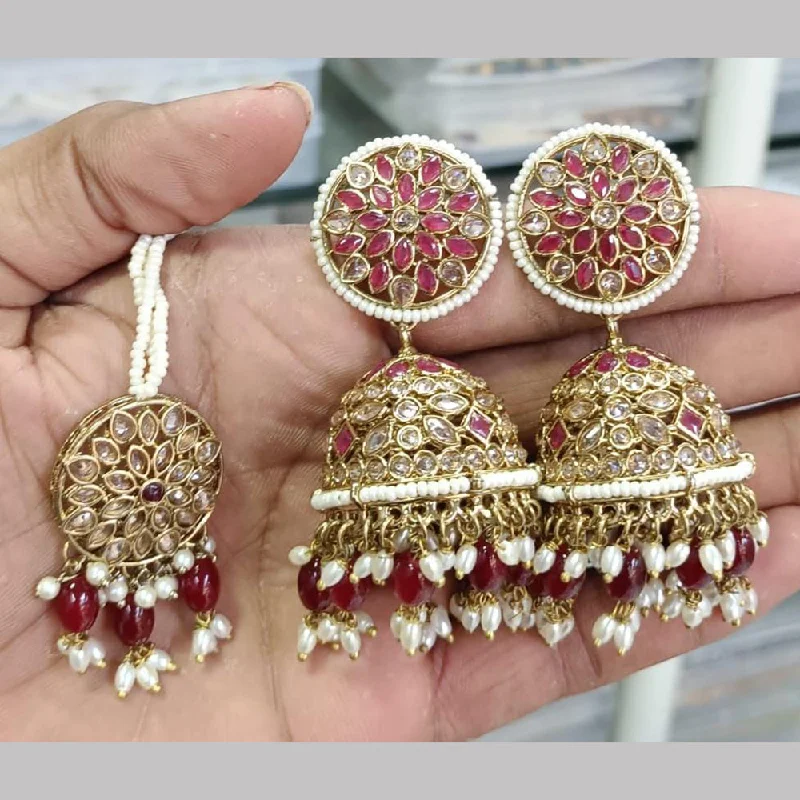 Drop Earrings with Floral Motifs -Rani Sati Jewels Gold Plated Reverse AD Jhumki Earrings With Maangtikka