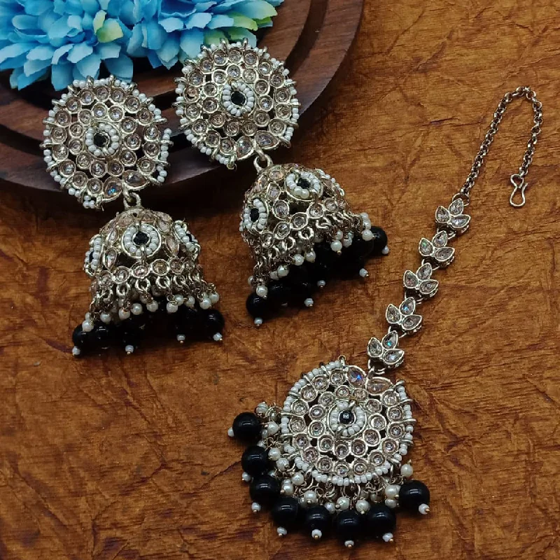 Push Back Drop Earrings for Convenience -Sai Fashion Gold Plated Crystal Stone And Pearls Jhumki With Maangtika