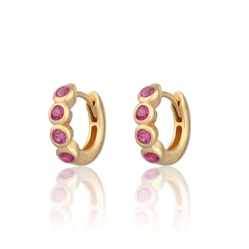 Nickel Free Drop Earrings for Safety -Scream Pretty Bezel Huggie Earrings with Ruby Pink Stones