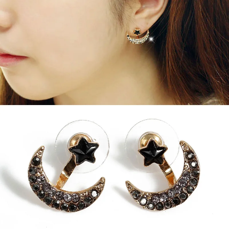 Ethnic Drop Earrings with Tribal Design -Sexy Sparkles Ear Jacket Stud Half Moon Gold Plated with Gray & Black Rhinestone Earrings Back Ear Cuffs Stud Earring