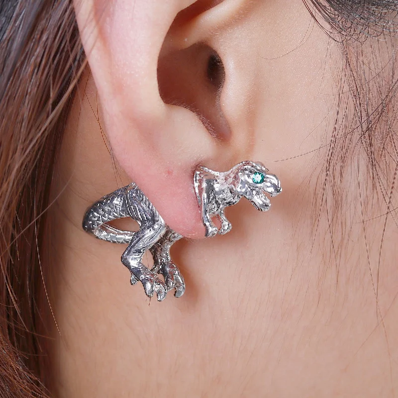 Drop Earrings for Prom Night -SEXY SPARKLES Sexy Sparkles Dinosaur 3D Double Sided Ear Stud Earrings for Women Silver Tone with Green Rhinestones