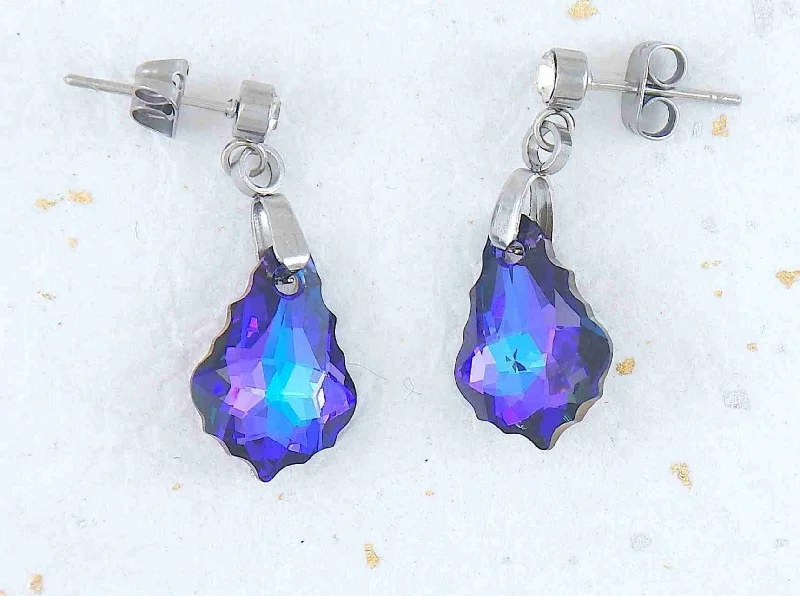 Drop Earrings with Leaf Motifs -Short earrings with 16mm Heliotrope (blue/violet) baroque Swarovski crystals, stainless steel studs with tiny clear crystals