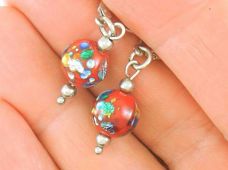 Drop Earrings for Christmas Party -Short earrings with bright red vintage glass balls, metallic silver-yellow-green-blue inclusions, stainless steel lever back hooks