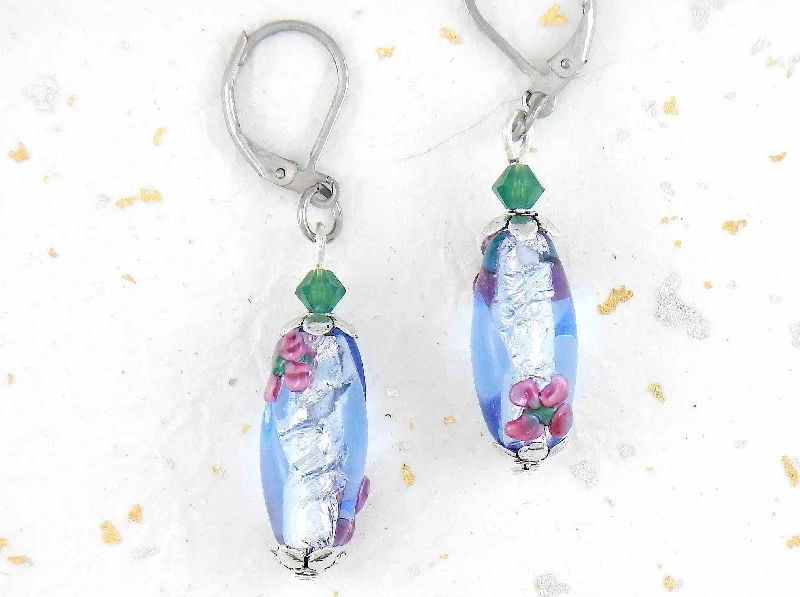 Short Drop Earrings for Subtle -Short earrings with clear blue glass cylinders, silver foil and tiny pink flower details, opal green Swarovski crystals, stainless steel lever back hooks