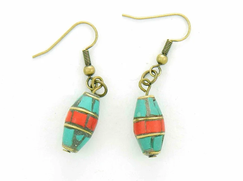 Drop Earrings with Keyhole Designs -Short earrings with cylindrical Tibetan beads in turquoise and coral, brass hooks