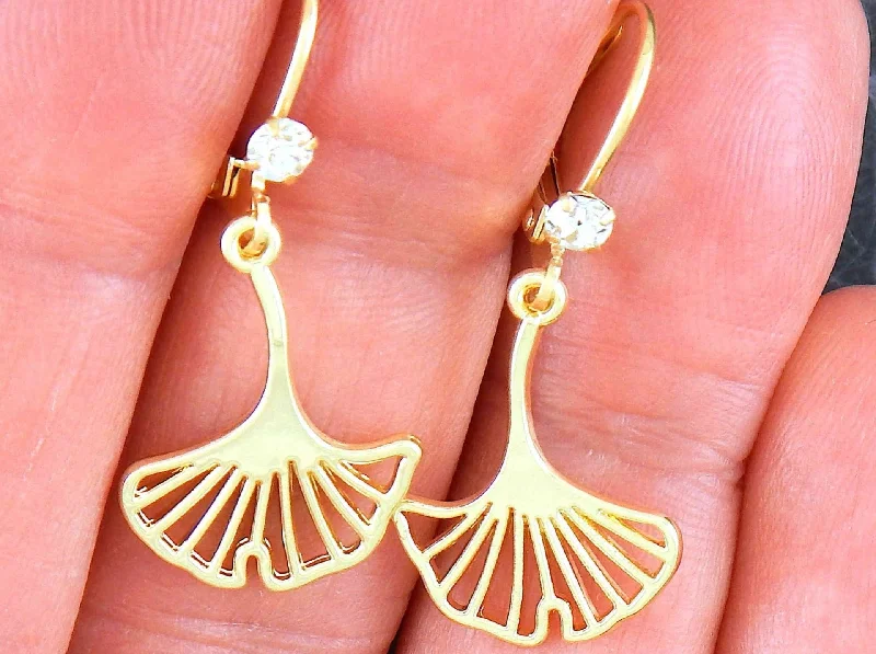 Drop Earrings for Fitness Activities -Short earrings with delicate golden ginko tree leaves, gold-toned stainless steel lever back hooks with tiny clear Swarovski crystals