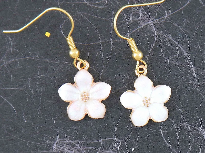 Drop Earrings for Party Look -Short earrings with enamelled cherry blossoms (sakura) in 4 pastel colours (white, lilac, pink, blue), gold-toned stainless steel hooks