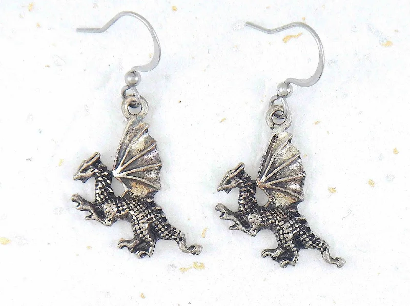 Drop Earrings for Everyday Glamour -Short earrings with pewter winged dragons, stainless steel hooks