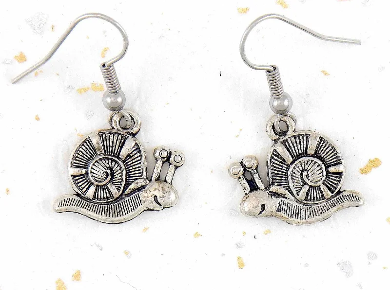 Drop Earrings for Festival Style -Short earrings with smiling pewter snails, stainless steel hooks