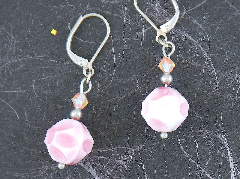 Drop Earrings for Engagement Party -Short earrings with soft pink vintage glass crater balls, iridescent light pink Swarovski crystals, stainless steel lever back hooks