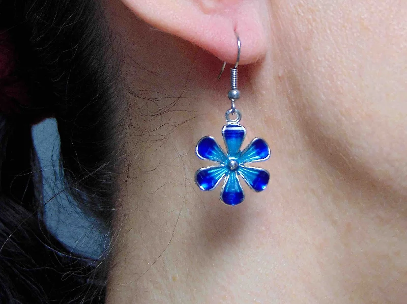 Drop Earrings for Evening Gown -Short earrings with turquoise and blue flowers, enamelled pewter, stainless steel hooks