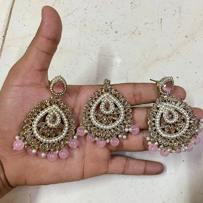 Drop Earrings for Concert Look -Shree Chamunda Jewellers Gold Plated Crystal Stone And Pearls Earrings With Maangtikka