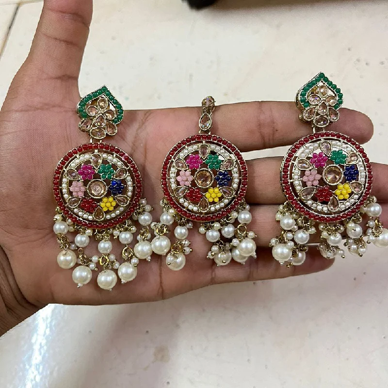 Drop Earrings for Beach Outfit -Shree Chamunda Jewellers Gold Plated Crystal Stone And Pearls Earrings With Maangtikka