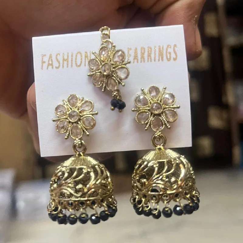 Drop Earrings for Casual Outfit -Shree Chamunda Jewellers Gold Plated Crystal Stone Jhumki With Maangtikka