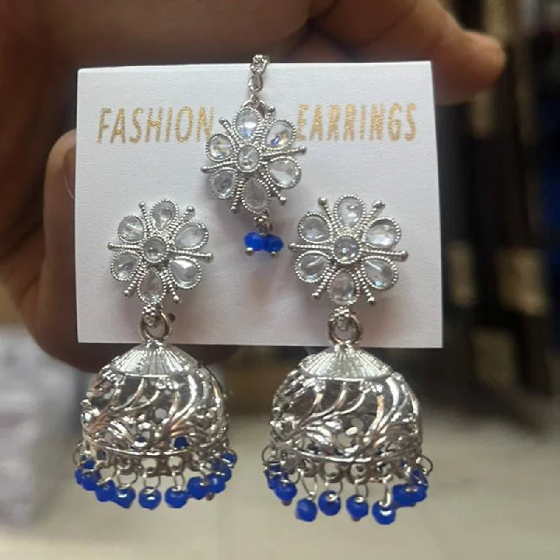 Drop Earrings for Graduation Day -Shree Chamunda Jewellers Silver Plated Crystal Stone Jhumki With Maangtikka