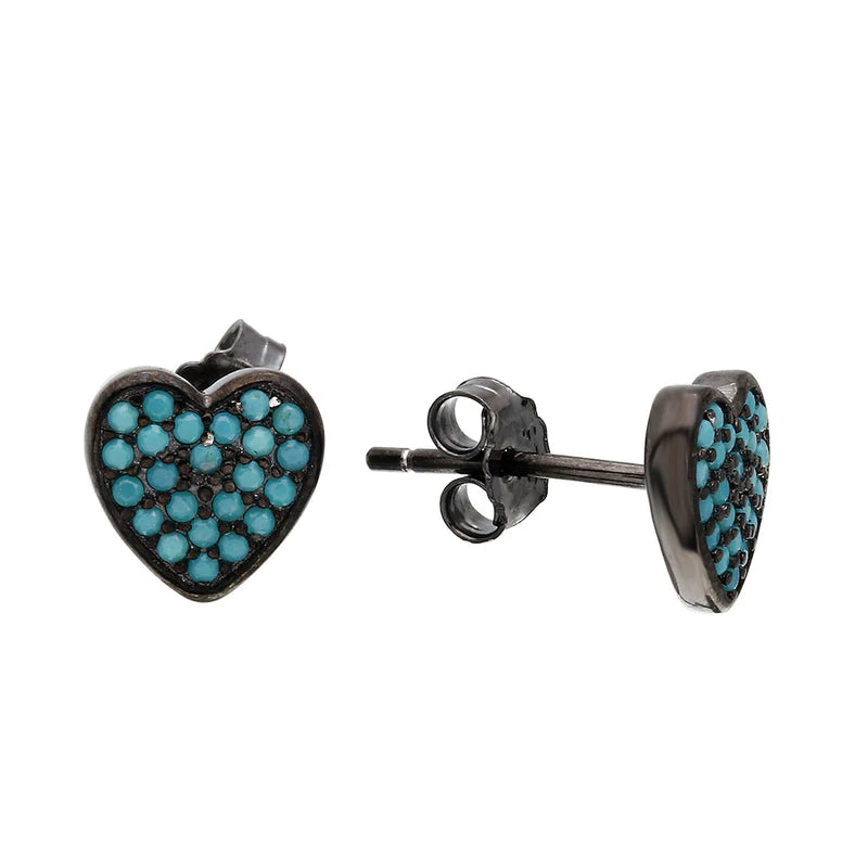 Ethnic Drop Earrings with Tribal Design -Silver 925 Black Rhodium Plated Heart Earrings with Turquoise Stones