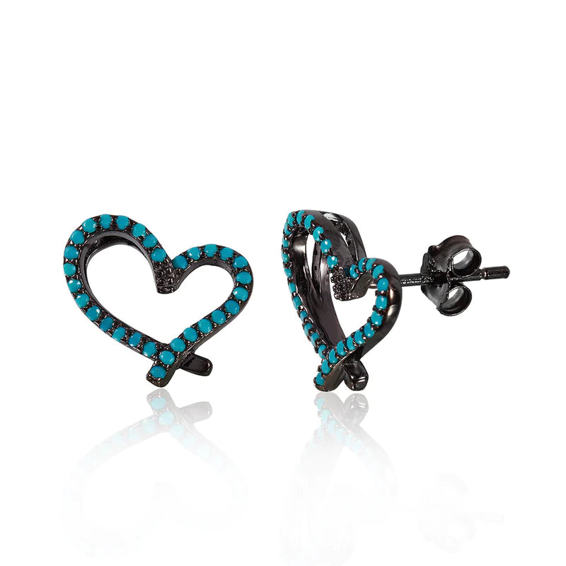 Celtic Drop Earrings with Knotwork -Silver 925 Black Rhodium Plated Open Heart Stud Earrings With turquoise Stone