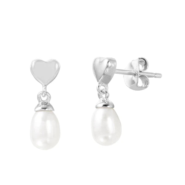 Hippie Drop Earrings with Beads -Silver 925 Rhodium Plated Heart with Dangling Fresh Water Pearl Post Earrings