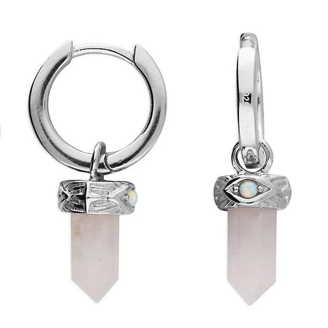 Round Drop Earrings for Classic -Silver Huggie with Rose Quartz Charm