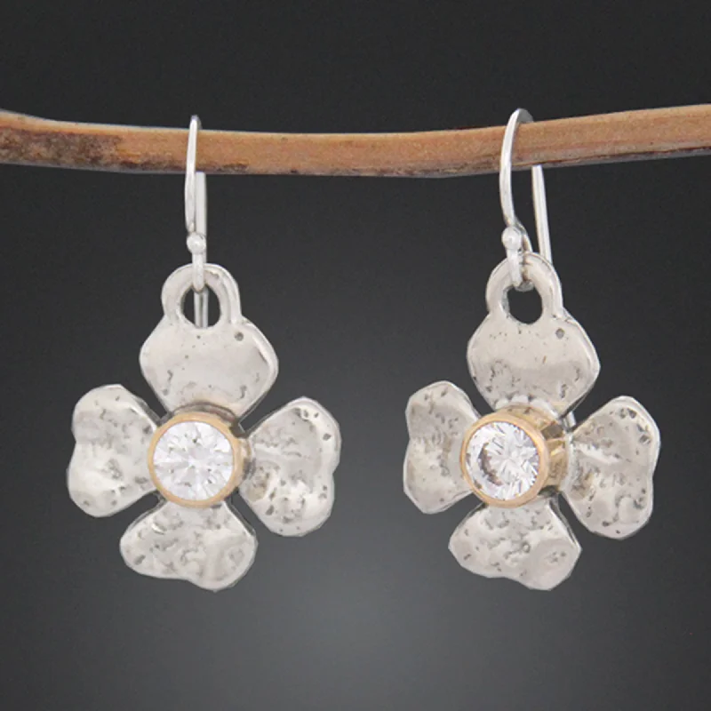 Drop Earrings for Prom Night -Clover Flower Earrings with Cubic Zirconia in Gold Bezel