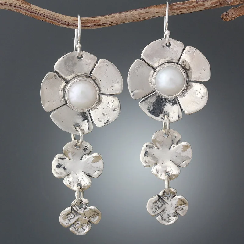 Drop Earrings for Graduation Day -Pearl Dogwood Flower Earrings with two Flower Drop