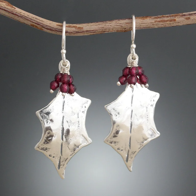 Drop Earrings for Bridesmaids Look -Holly Leaf Earrings with or without Garnet Berries