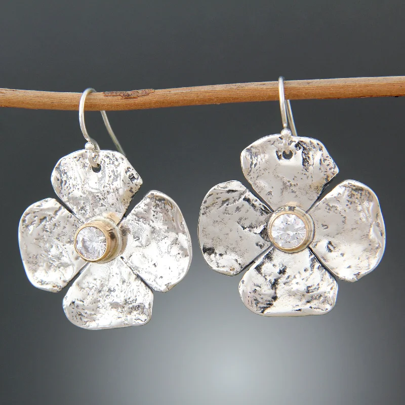 Drop Earrings for Valentine's Day -Petal Earrings with CZ in 14k Gold Bezels