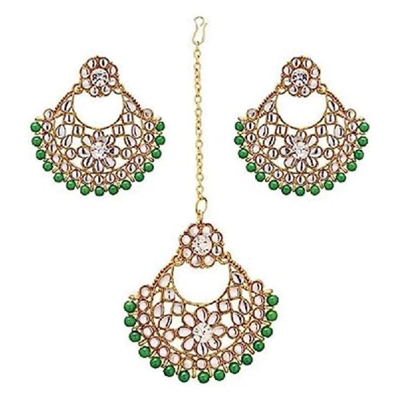 Push Back Drop Earrings for Convenience -Subhag Alankar Green Alloy Jewel Set with Maangtikka