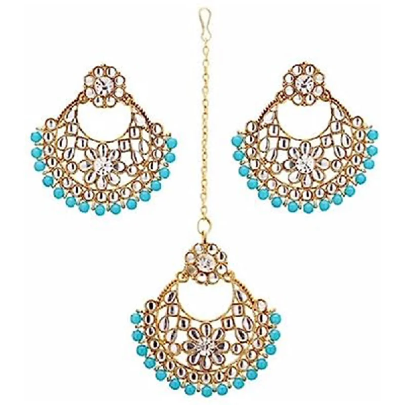 Screw Back Drop Earrings for Security -Subhag Alankar Light Blue Alloy Jewel Set with Maangtikka