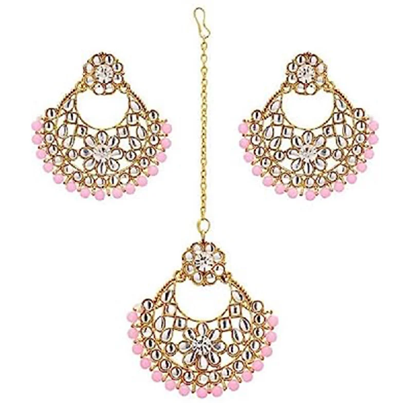 Magnetic Closure Drop Earrings for Easy -Subhag Alankar Light Pink Alloy Jewel Set with Maangtikka