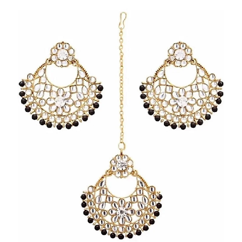 Clip On Drop Earrings for Non Pierced -Subhag Alankar Black Alloy Black Gold Jewel Set with Maangtikka