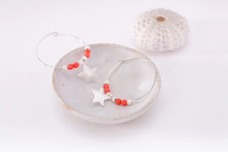 Drop Earrings for Everyday Glamour -Silver Hoop Earrings with Coral beads and Silver Star