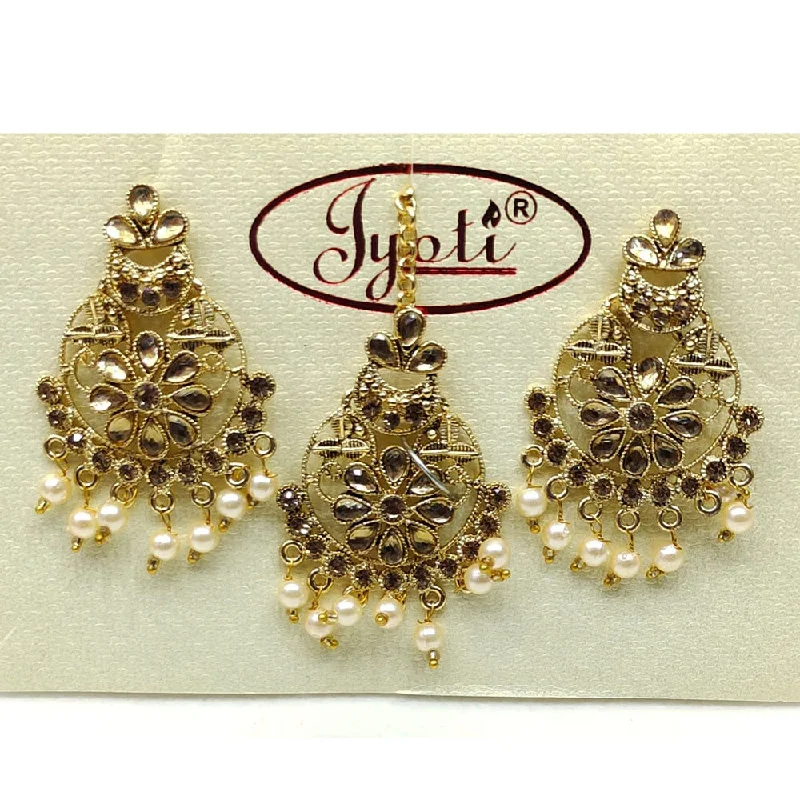 Push Back Drop Earrings for Convenience -Tip Top Jewellers Gold Plated Austrian Stone And Pearl Earrings With Mangtikka