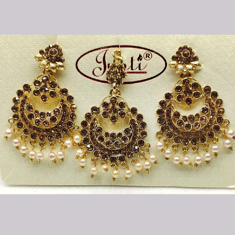 Ethnic Drop Earrings with Tribal Design -Tip Top Jewellers Gold Plated Austrian Stone And Pearl Earrings With Mangtikka