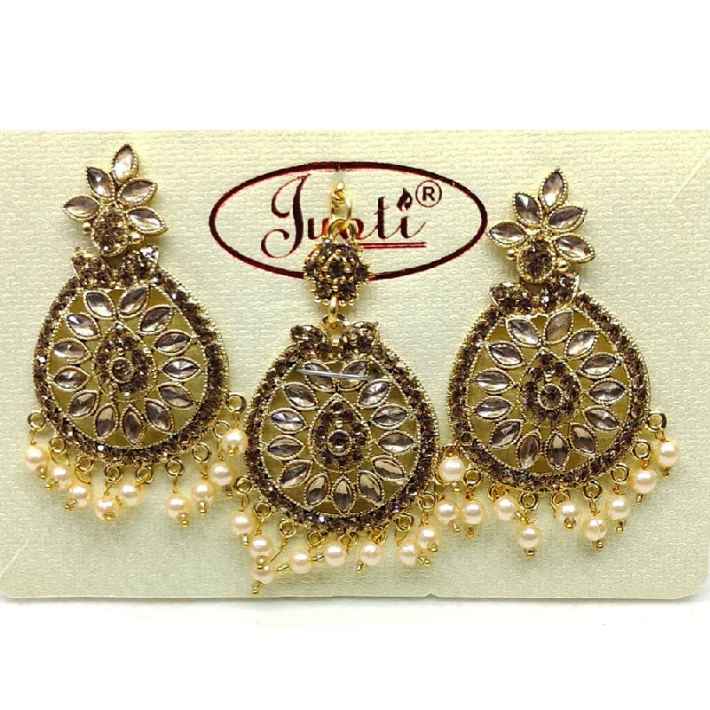 Hippie Drop Earrings with Beads -Tip Top Jewellers Gold Plated Austrian Stone And Pearl Earrings With Mangtikka