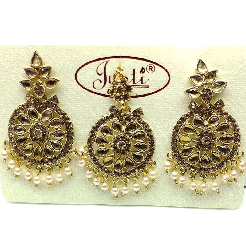 Gothic Drop Earrings with Dark Tone -Tip Top Jewellers Gold Plated Austrian Stone And Pearl Earrings With Mangtikka