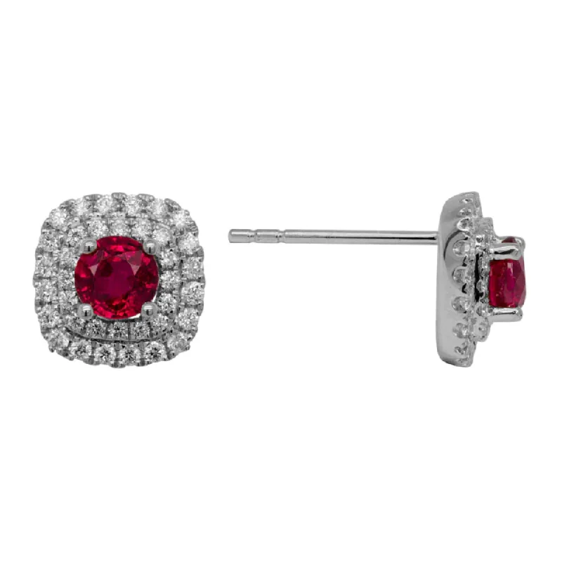 Drop Earrings for Everyday Glamour -14k Gold Ruby and Diamond Halo Stud Earrings