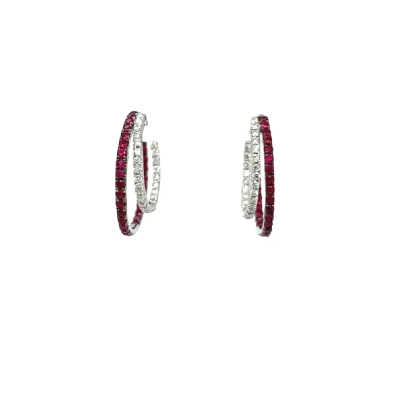 Drop Earrings with Vine Designs -18k Ruby and Diamond Hoop Earrings